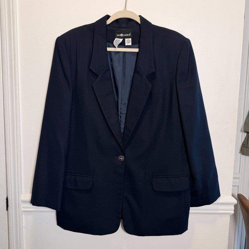 Sag Harbor Vintage Navy Blazer Womens 16 100% Wool One Button Oversized 90s